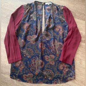 Sandro Paris paisley print blouse size 2 navy burgundy